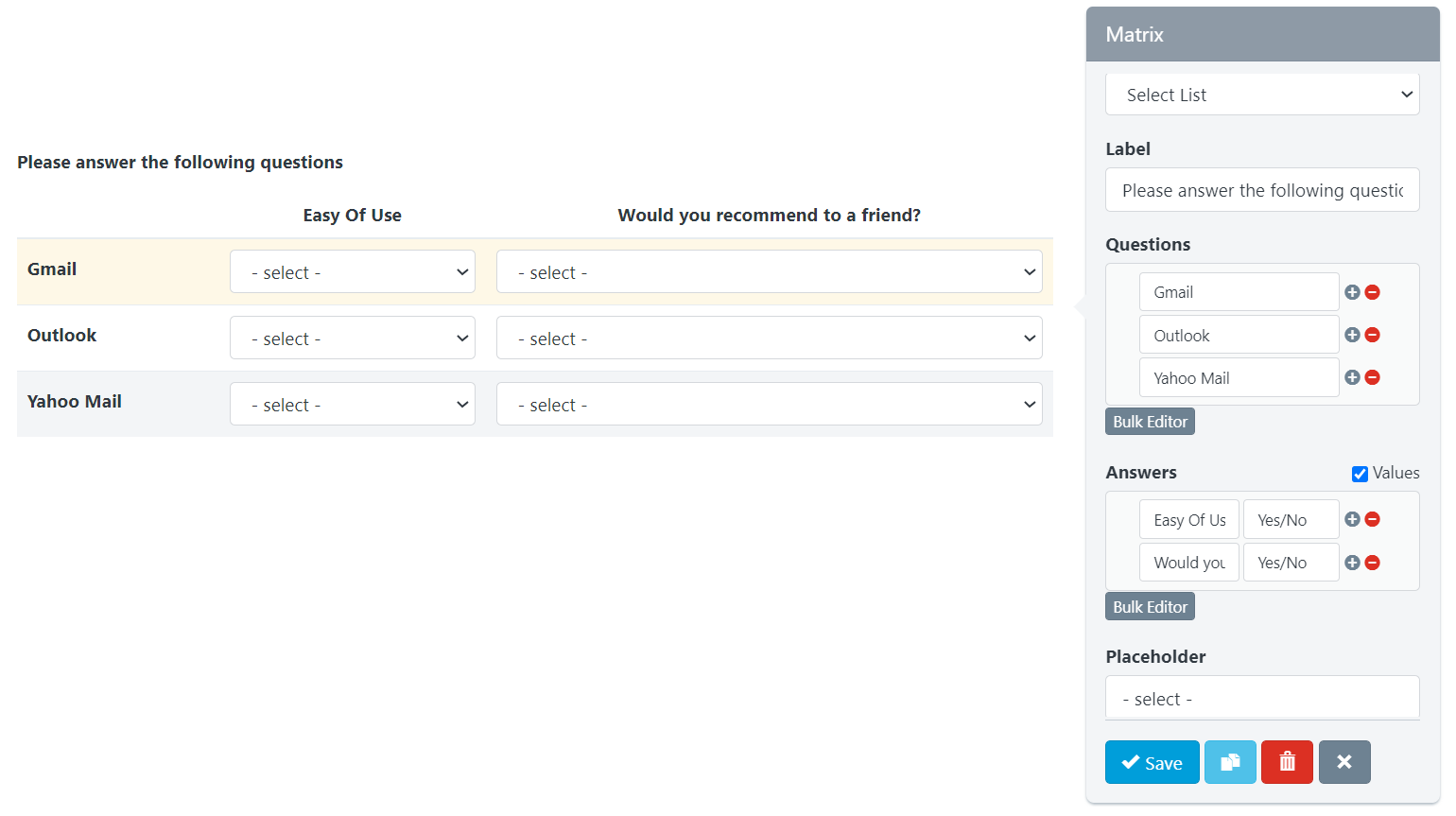 UnexplainableSolutions - Form Builder - Matrix Field with Select List